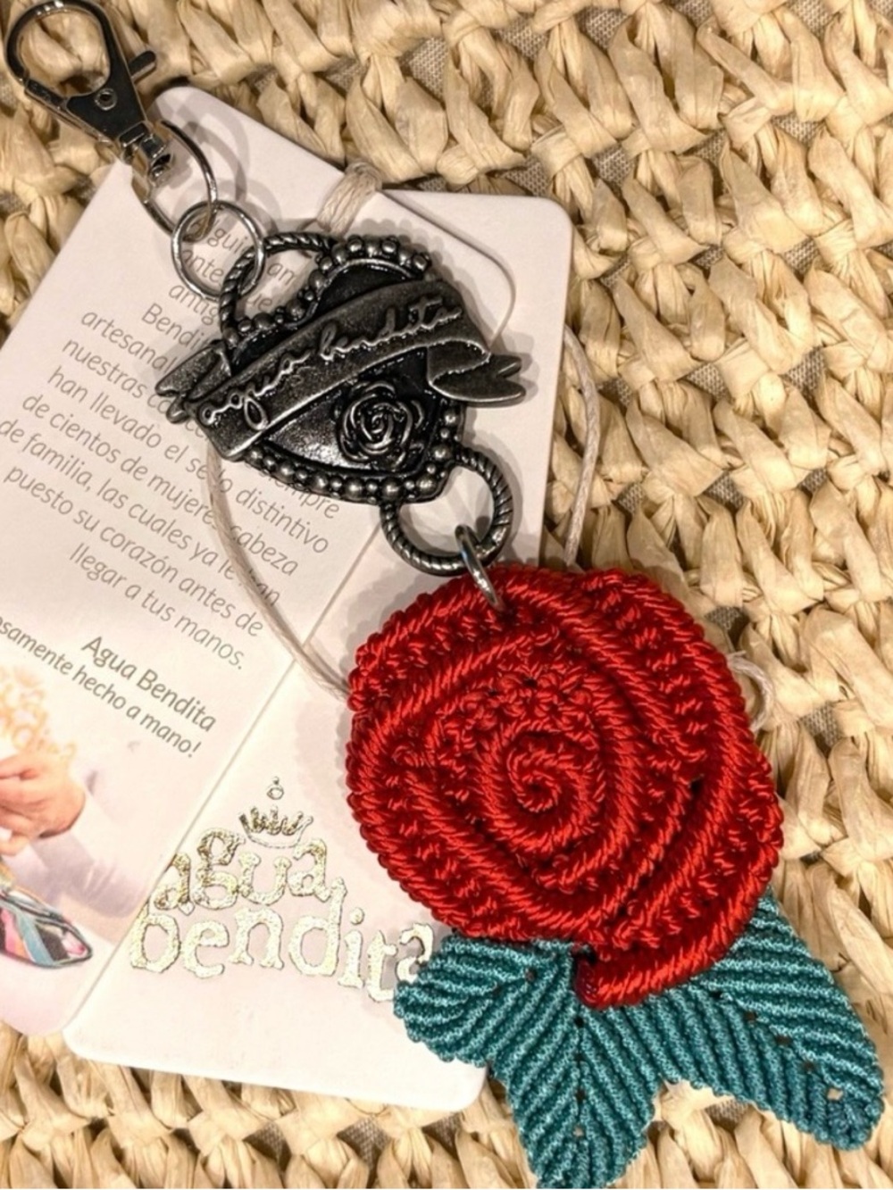 Agua Bendita Bag Charm of Macrame Rose with Heart. Brand new!